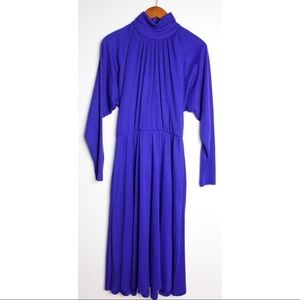 Vintage 80's Purple Knit Mock Neck Pleated Dress